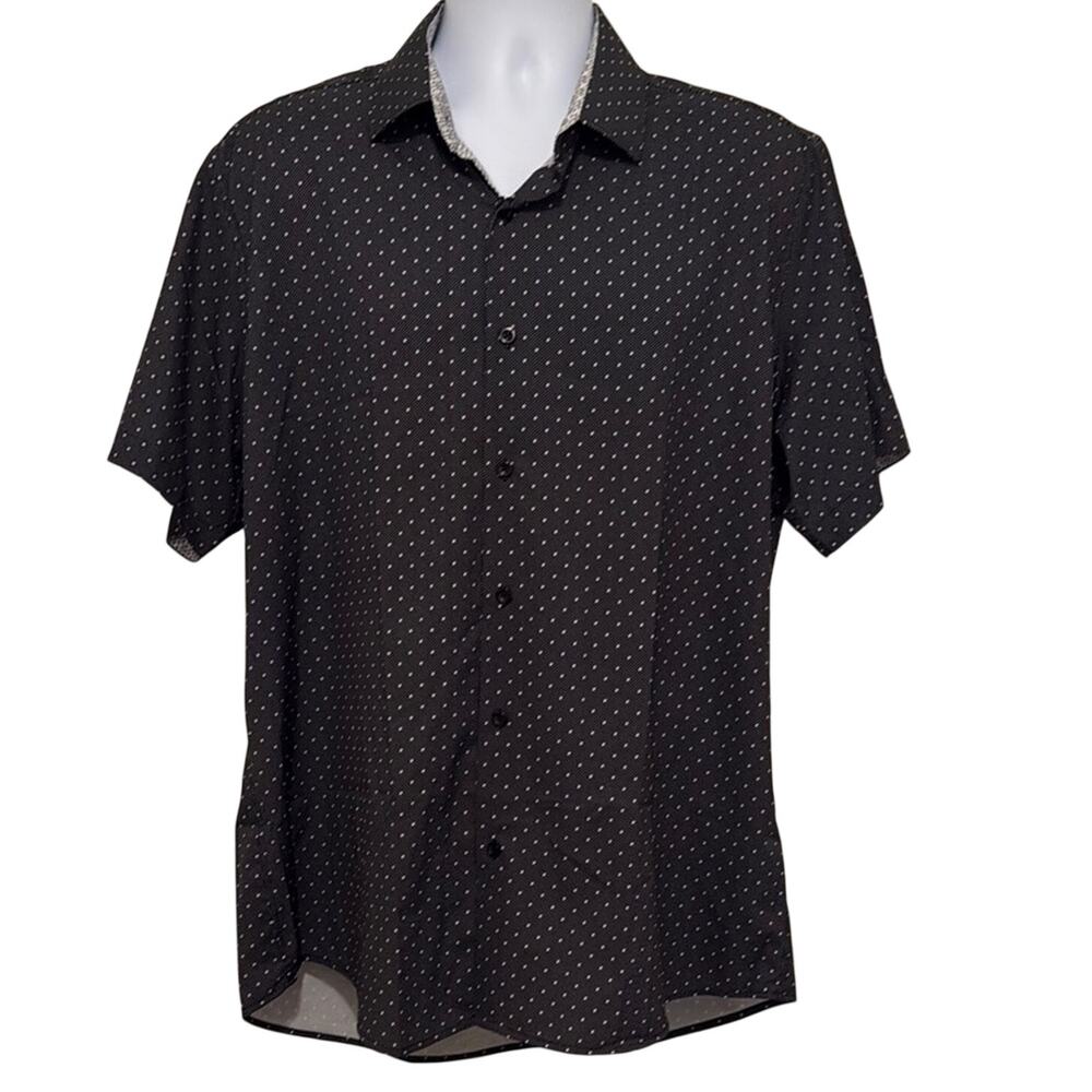 Tom Baine Performance Shirt 2XL Slim Fit | Black Polka Dot Stretch Button Up